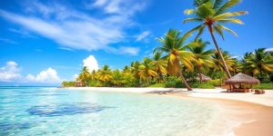 Tropical beach with palm trees and clear blue water.