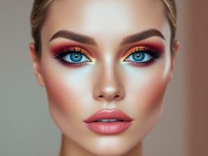 Machiaj glam cu ochi vibranți și buze îndrăznețe.