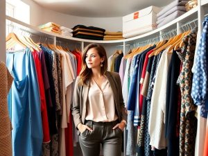 Femeie zâmbitoare, îmbrăcată modern, într-un dressing luminos.