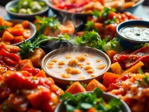 Masă festivă cu mâncăruri delicioase aranjate artistic.