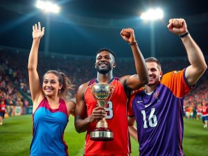 Trei sportivi fericiți în acțiune sub luminile stadionului cu trofeu